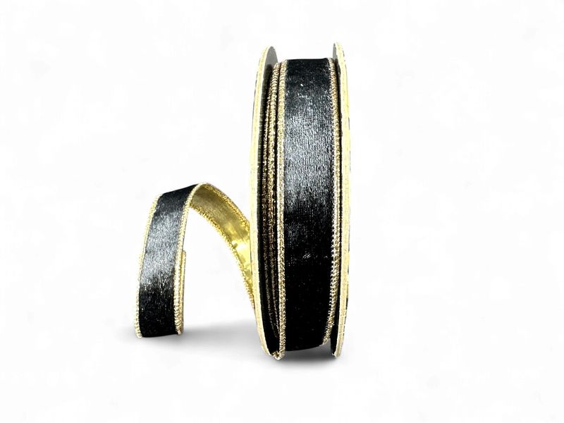 Black Lush Velvet Gold Metallic Back 1" x 10 Yds