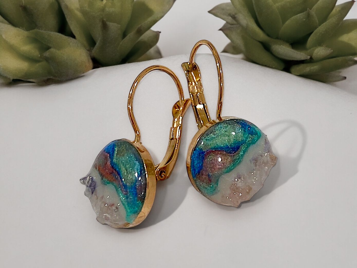 Rose Gold &amp; Crushed Gemstone Abstract Artistic Drop Earrings (Rainbow Mountains, China)