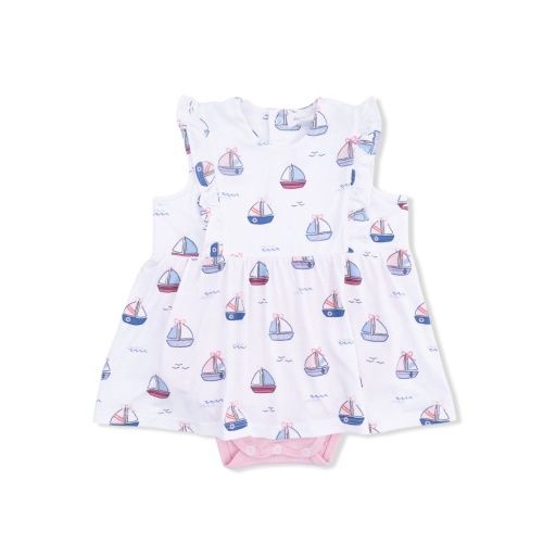 Ruffle Bodysuit Dress, Colour: Bubbly Sailboats Pink, Size: 3-6
