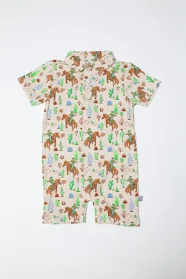 Short Sleeve Polo Romper / Saddle Up, Cowboy