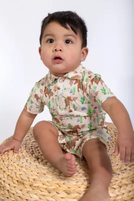 Short Sleeve Polo Romper / Saddle Up, Cowboy