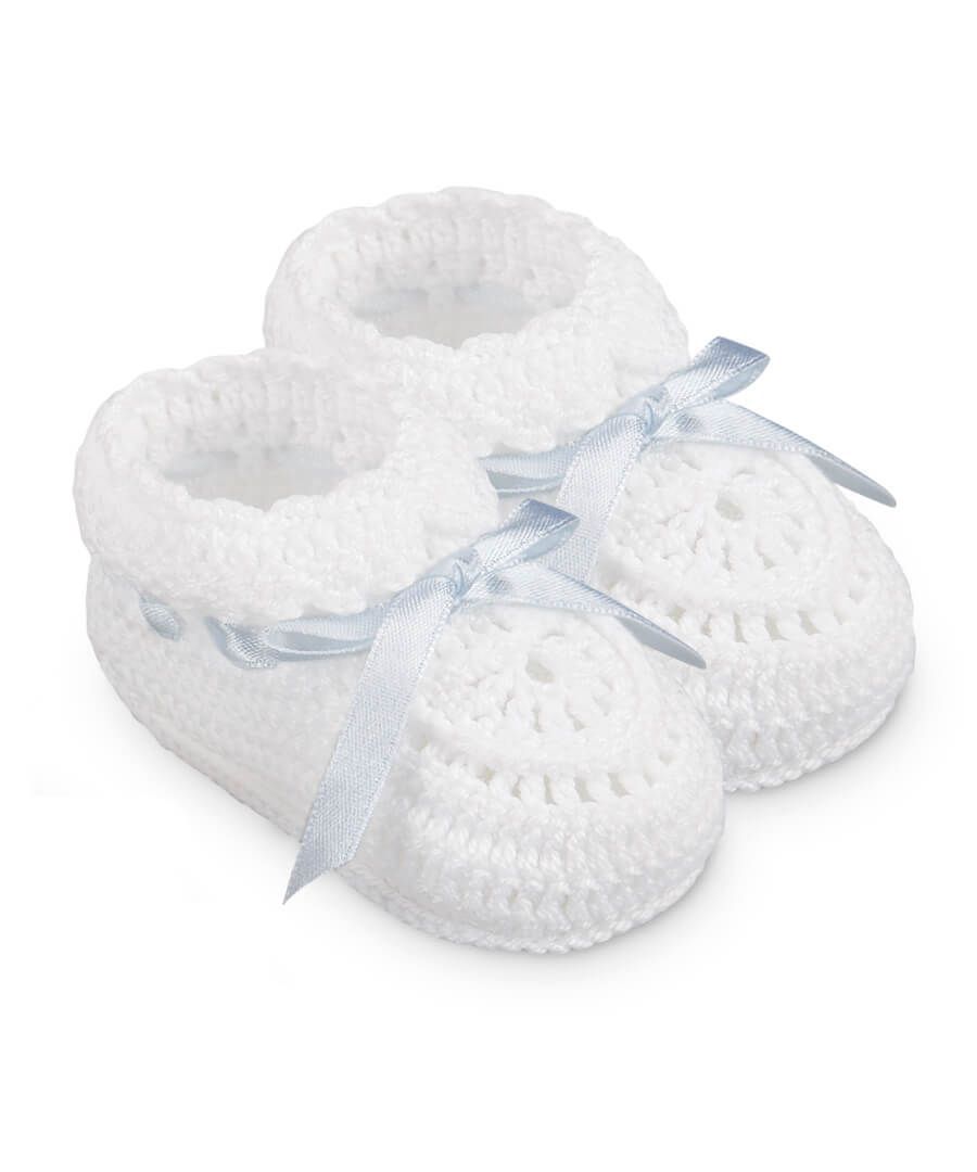 Crochet Ribbon Bootie / White/Blue, Size: Newborn