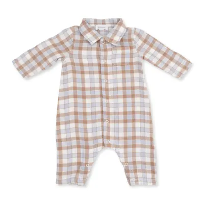 Long Sleeve Polo Button Down Romper / Western Plaid