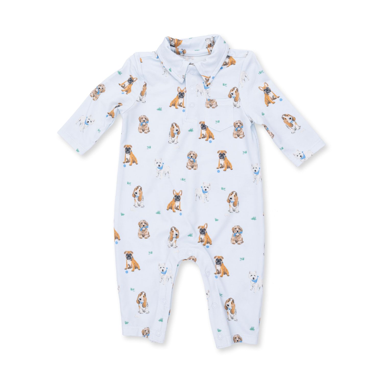 Long Sleeve Polo Romper / Bestie Dogs Blue, Size: 0-3
