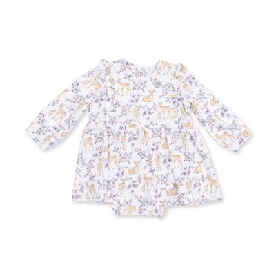 Long Sleeve Ruffle Bodysuit Dress / Floral Deer