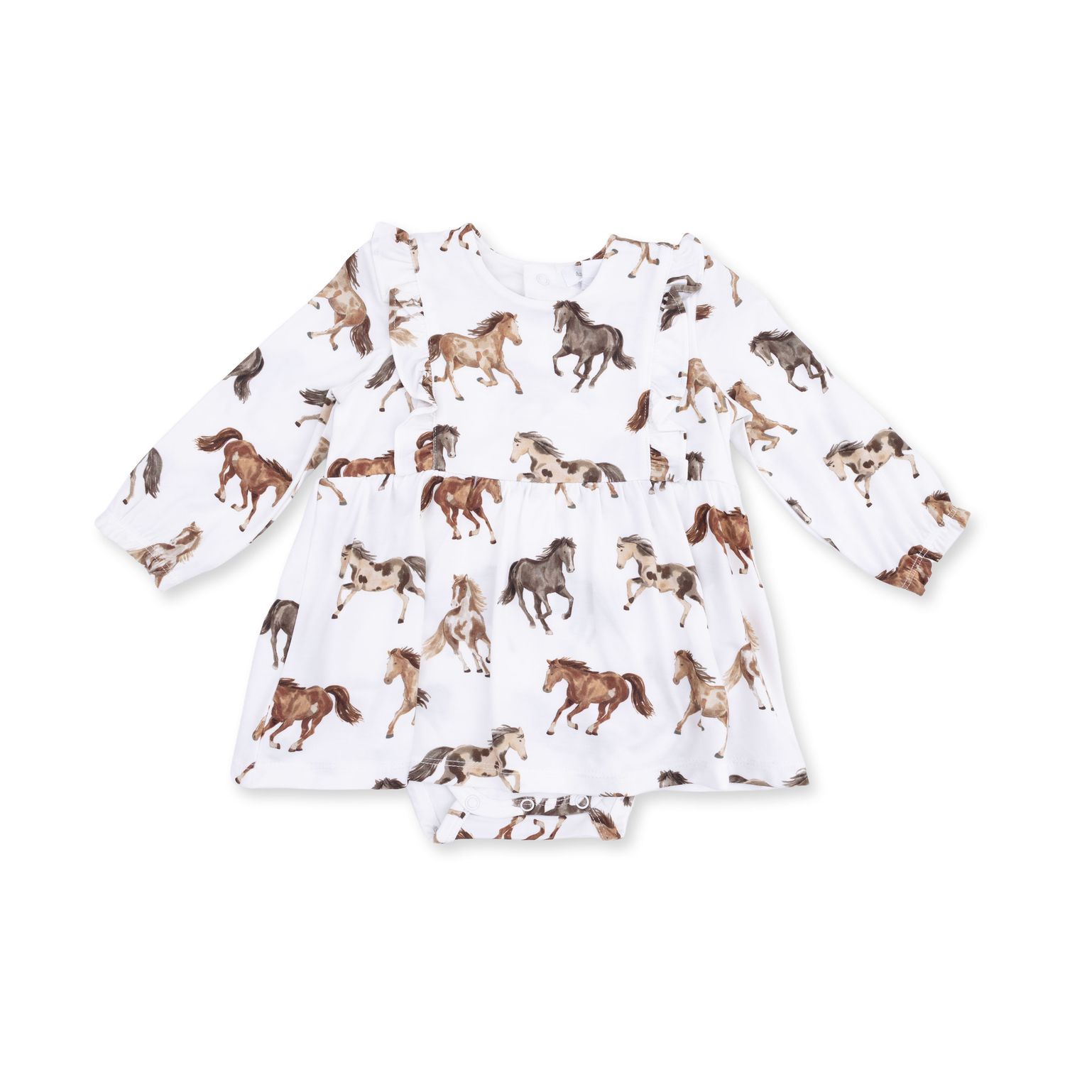 Long Sleeve Ruffle Bodysuit Dress / Wild Horses, Size: 0-3