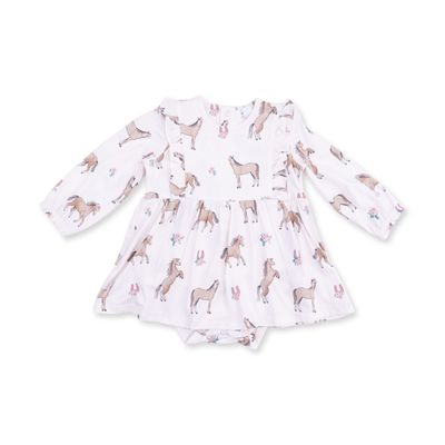 Long Sleeve Ruffle Bodysuit Dress / I Love Horses