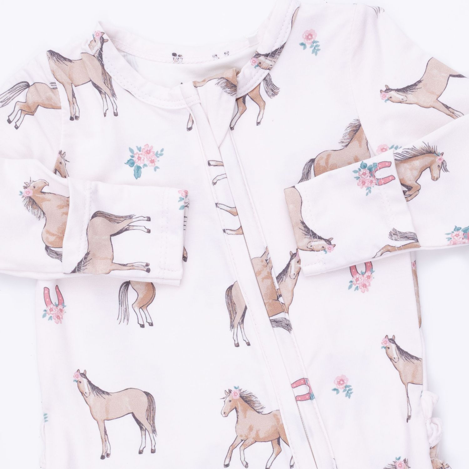 2 Way Zipper Ruffle Back Footie / I Love Horses, Size: NB