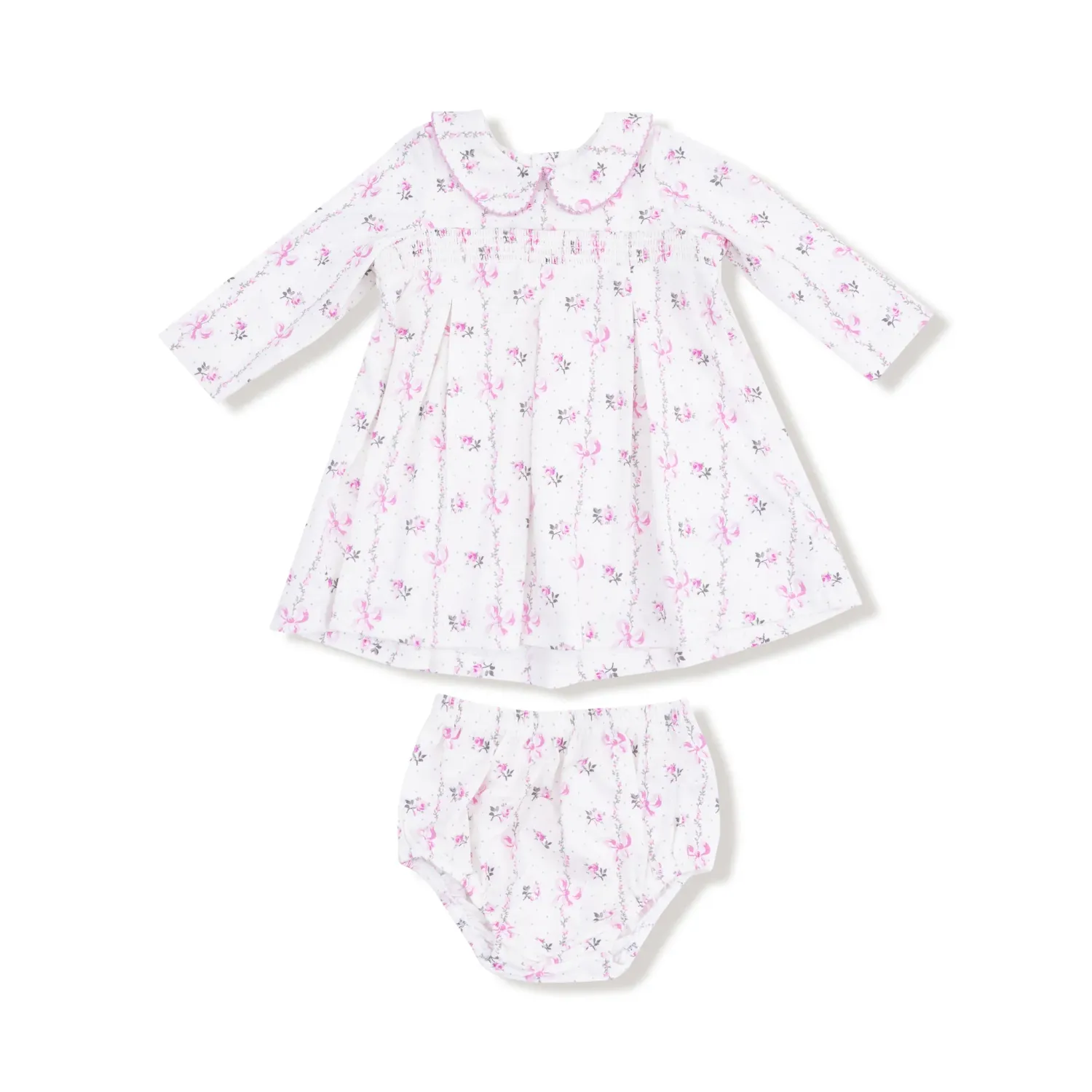 L/S Smocked Dress + Bloomer / Dainty Buds+Bows, Size: 6-12
