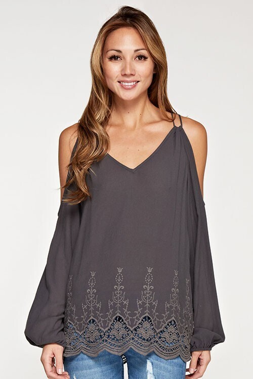 Embroidered Cold Shoulder Top in Charcoal