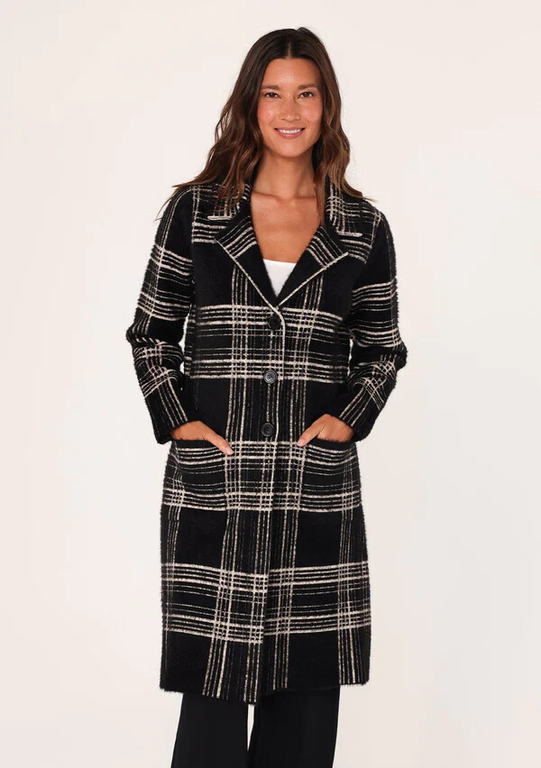 Fuzzy Plaid Coatigan with Patchwork Pockets Two Colors