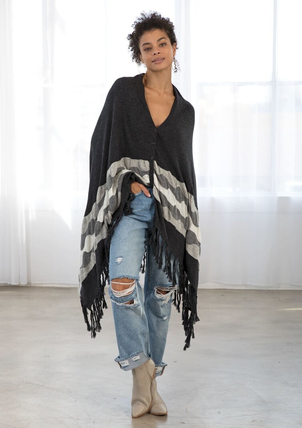 Wool Blend Cozy Bohemian Fringe Pullover Poncho 