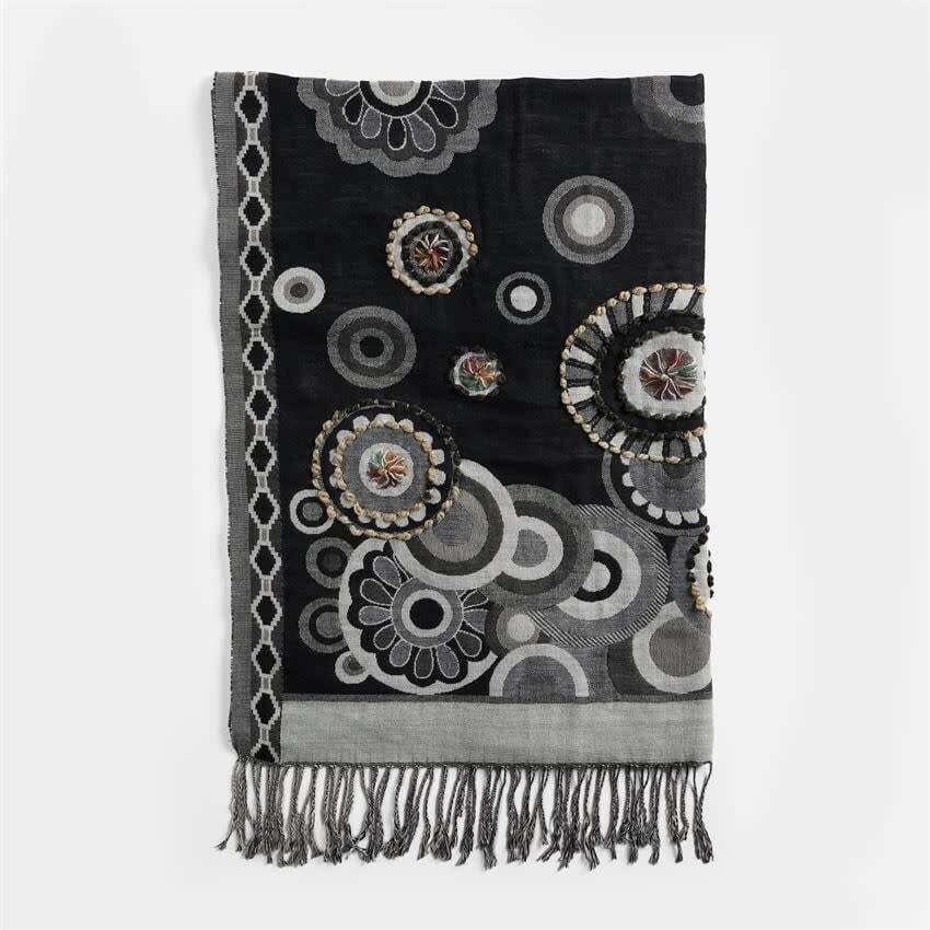 Lovelace Hand Embroidered Oblong Scarf Black Silver