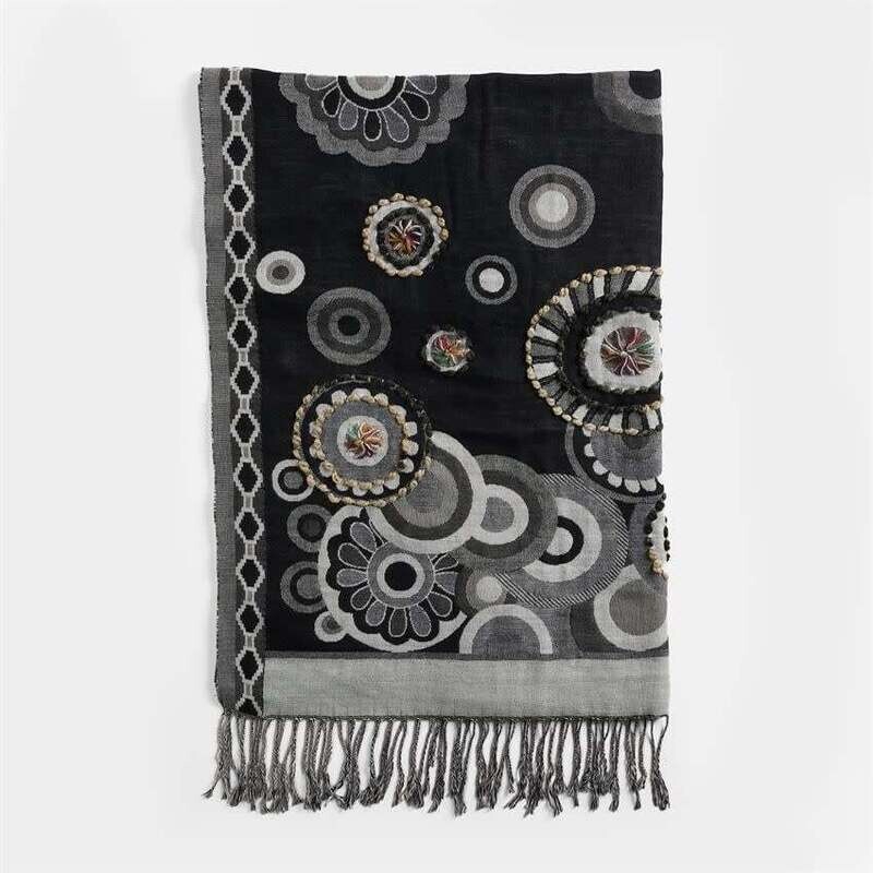 Lovelace Hand Embroidered Oblong Scarf Black Silver