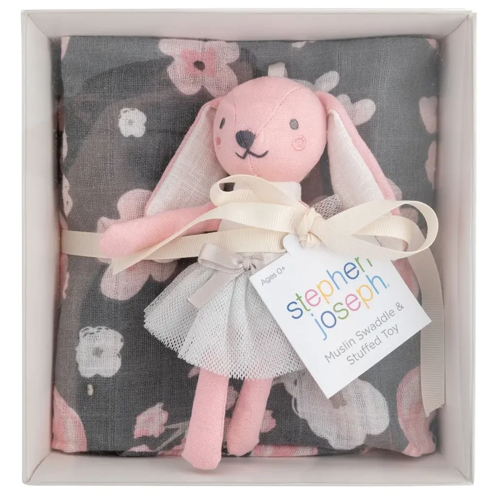 Muslin Blanket &amp; Stuffed Animal Gift Box, Color: Pink Bunny