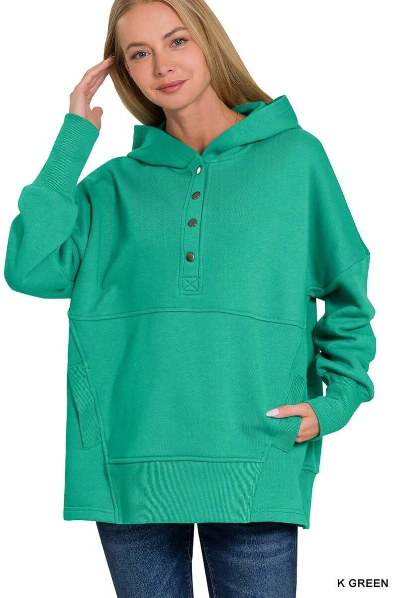 Half Snap Fleece Hooded Sweatshirt, Color: Kelly Green, Size: small