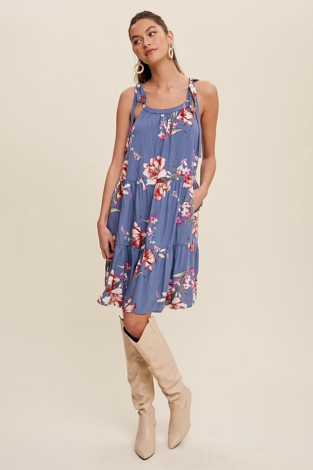 Floral Print Tie Shoulder Sun Dress, Size: Small