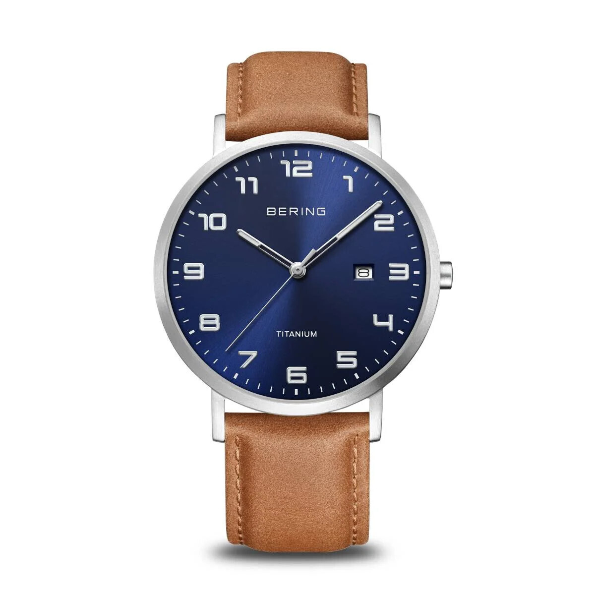 Bering Watch Titanium Men Brown Leather Strap with Blue