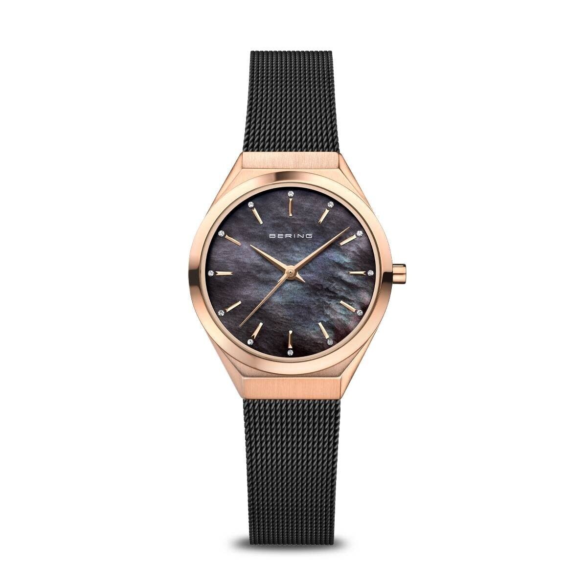 Bering Watch Ultra Slim Women Black Mother of Pearl and Rose Gold
