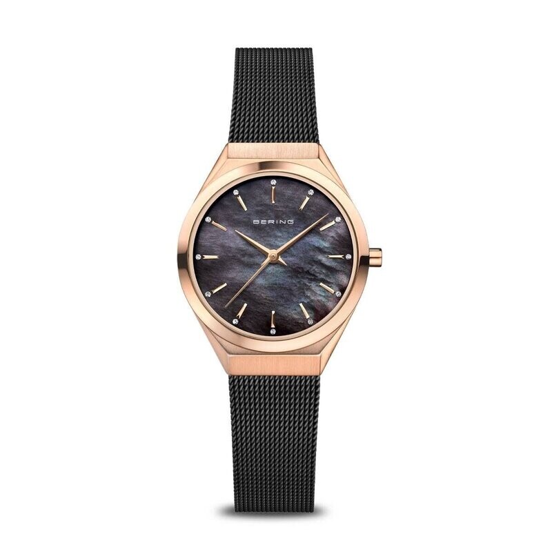 Bering Watch Ultra Slim Women Black Mother of Pearl and Rose Gold