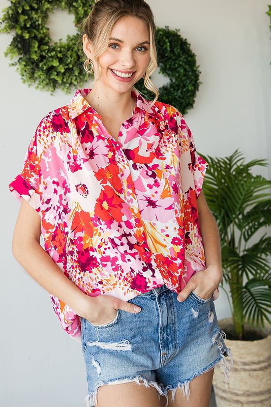 Pink Floral Button Up Top 