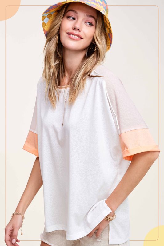 White T-Shirt With Color Block Sleeve
