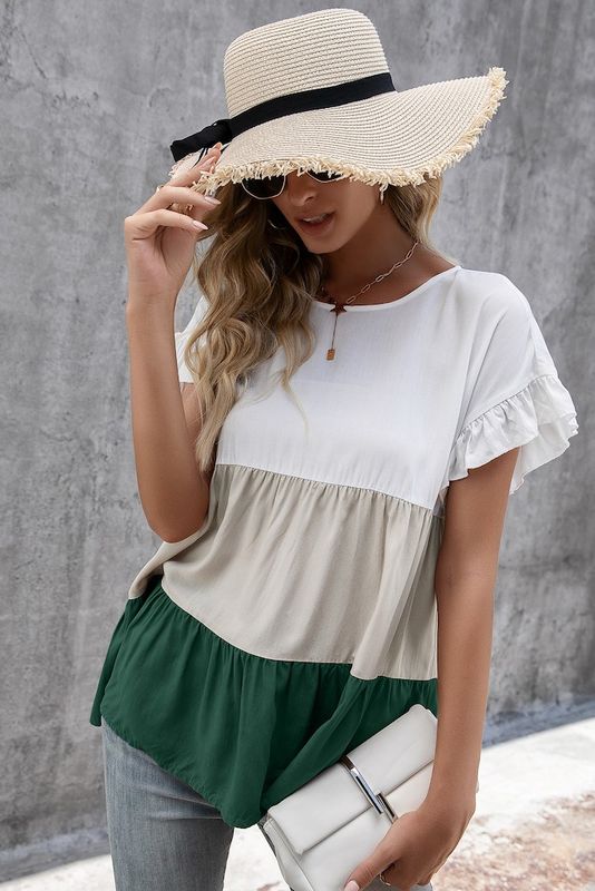 White &amp; Green Color Block Ruffle Sleeve Top