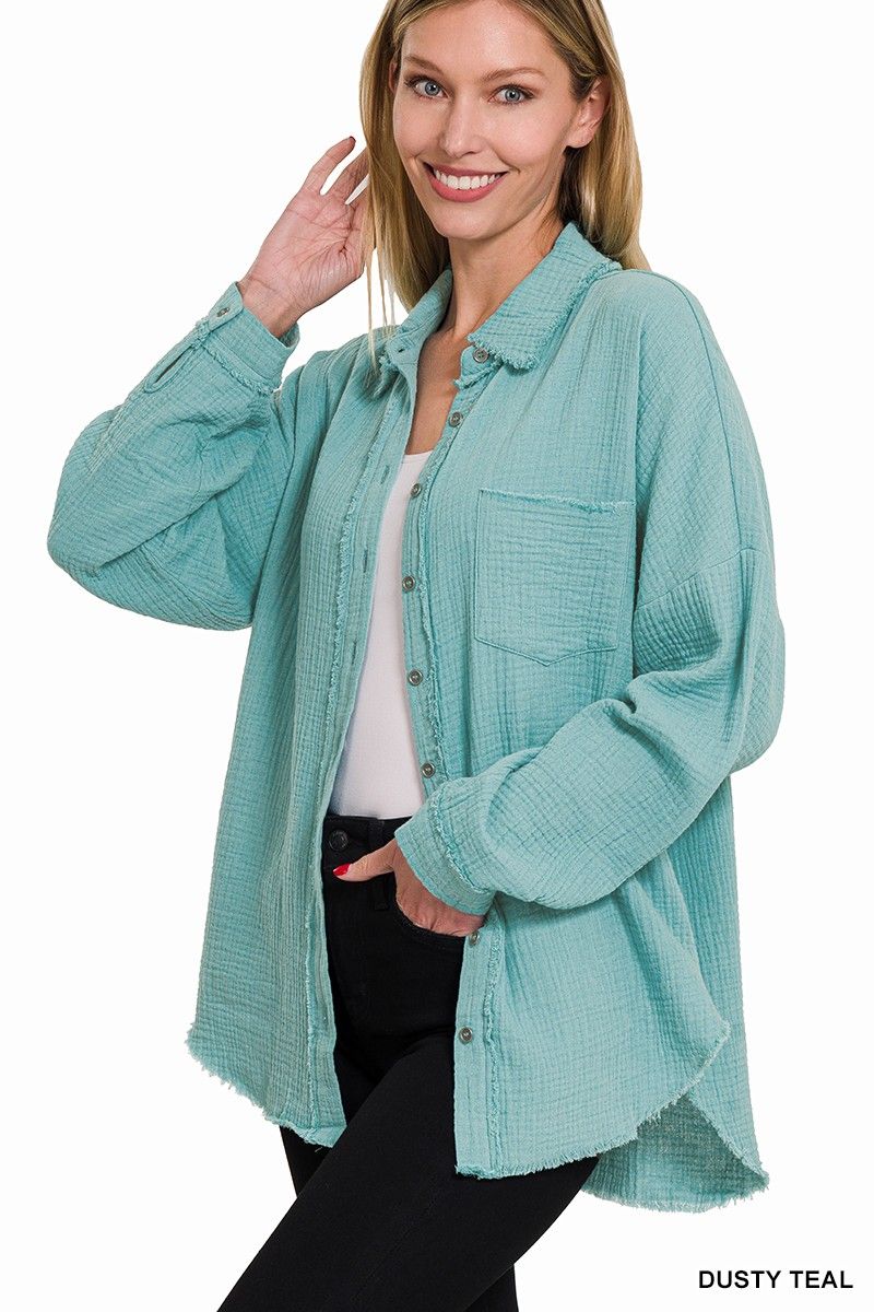 Double Gauze Oversized Raw Edge Shirt, Color: Teal, Size: Small