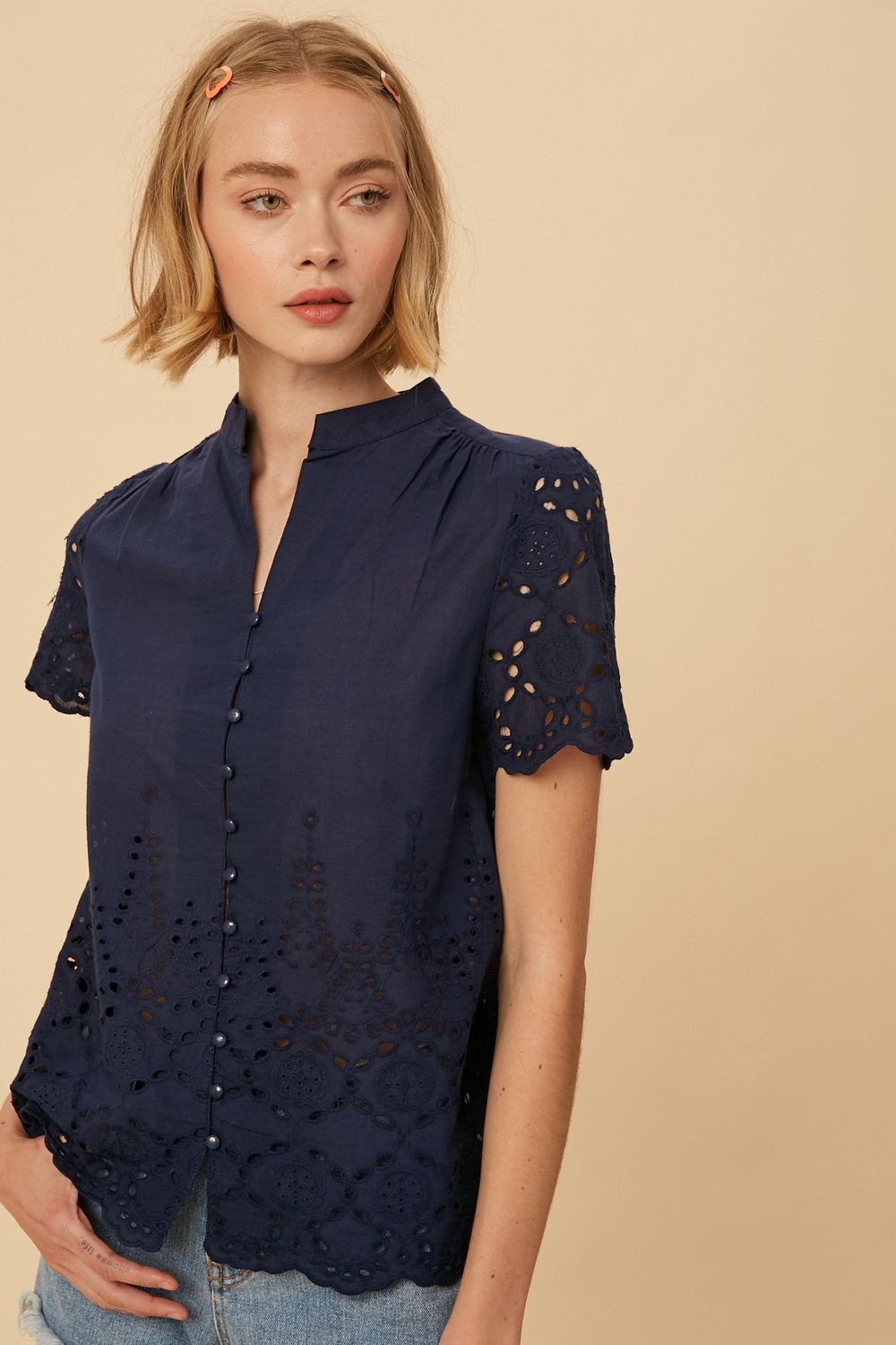 Navy Embroidered  Eyelet Cotton Top