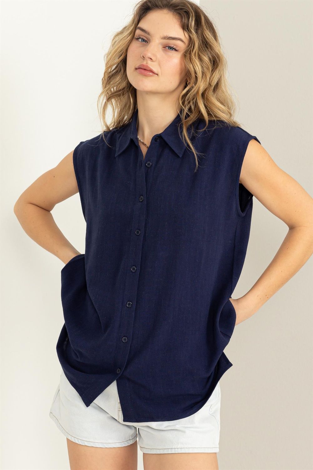 Linen Sleeveless Navy Top