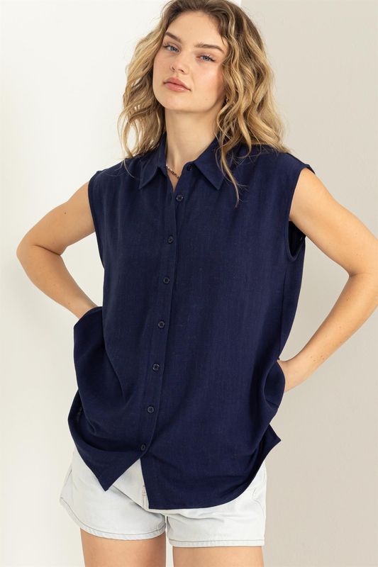 Linen Sleeveless Navy Top
