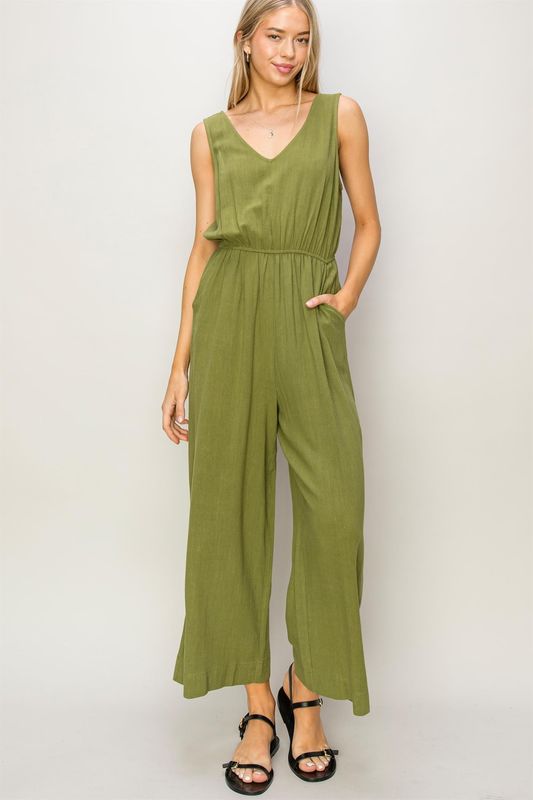 Sleeveless Linen Jumpsuit Moss