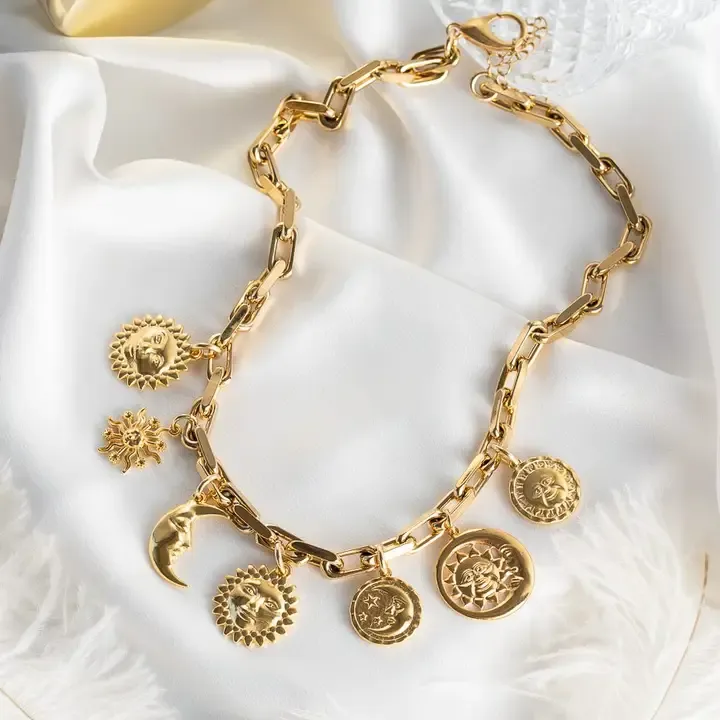 Multi Charm Sun and Moon Necklace Gold