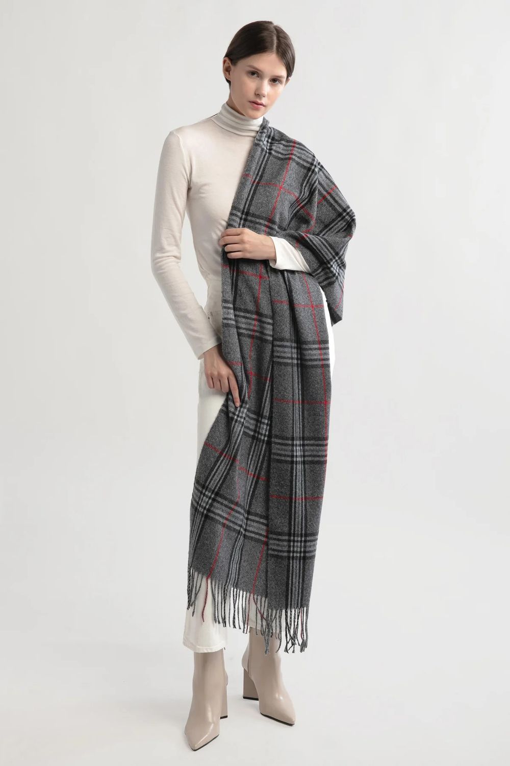 Grey Black &amp; Red Plaid Scarf