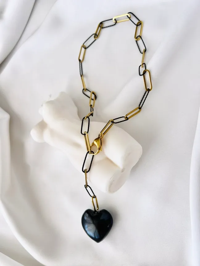 Gold And Black Chain Charm Necklace with Black Heart