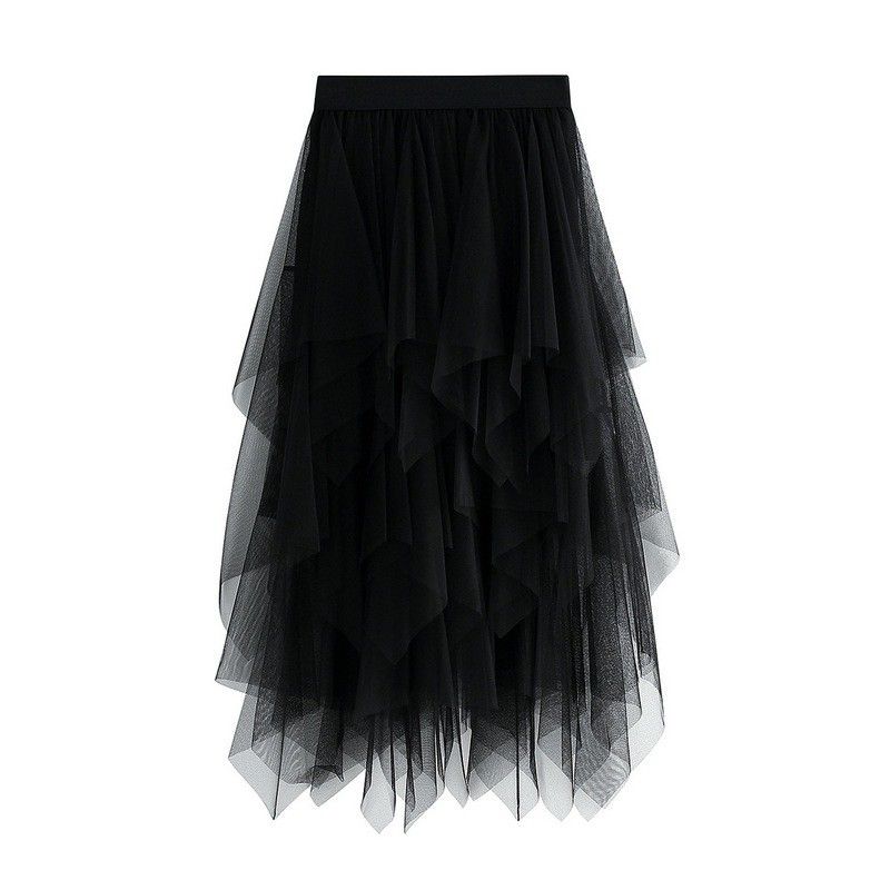 Tiered Mesh Midi Skirt Black