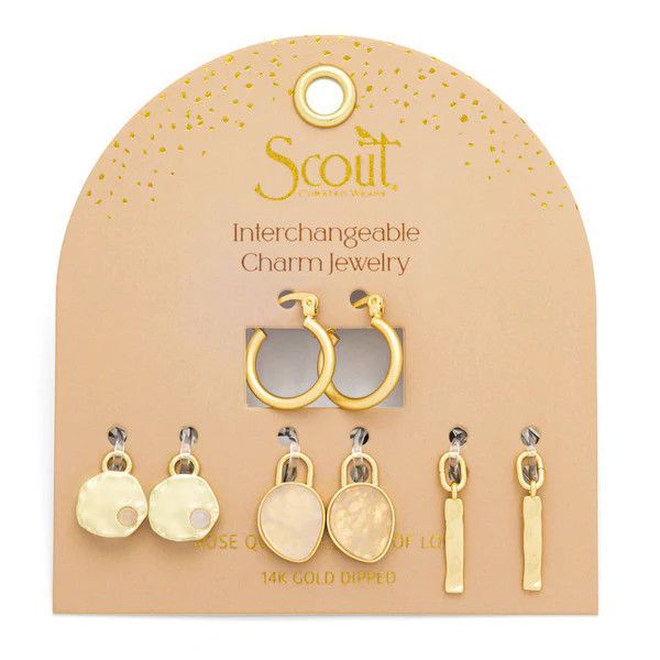 Interchangeable Charm Earrings, Color: Rose Quartz/Love/Gold