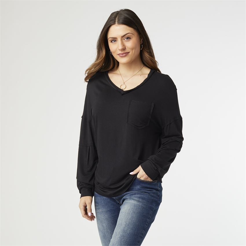 Kate V-Neck Tee with Pocket, Color: Black, Size: S/M