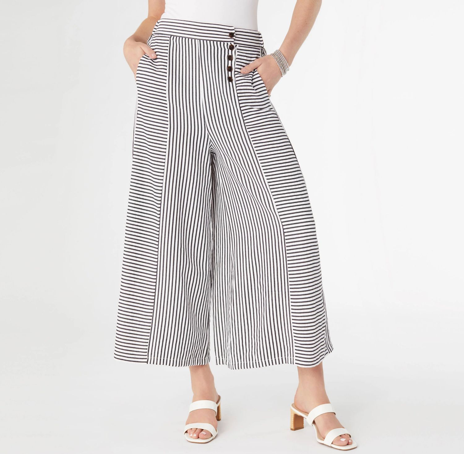 Dahlia Striped Textured Pants with Side Button, Size: S/M