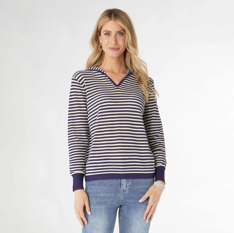 Aruni V-Neck Striped Knit Top with Hood - Navy White