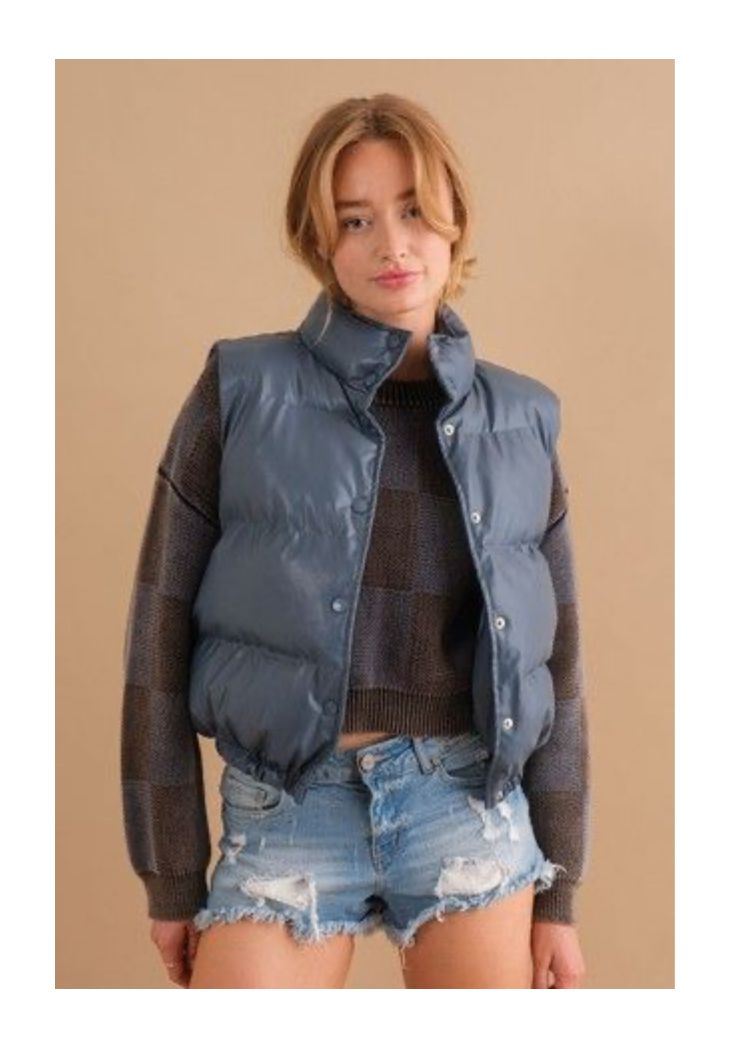 PU Faux Leather Puffer Vest, Size: Large, Color: Denim