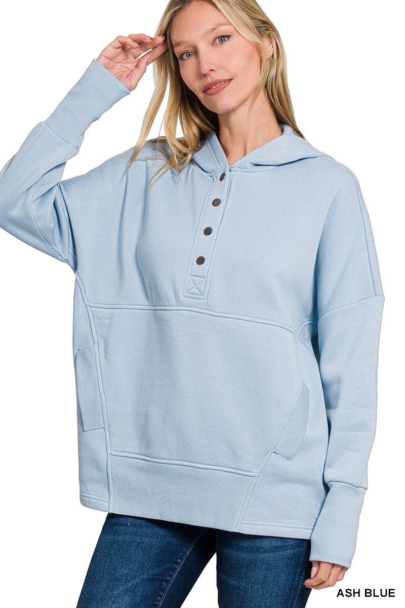 Fleece Half Snap Button Hooded Sweatshirt, Color: Ash Blue, Size: S/M