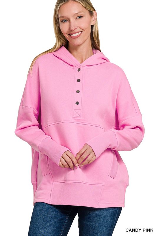 Fleece Half Snap Button Hooded Sweatshirt