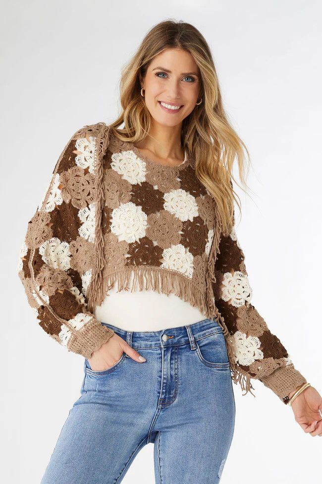 Nyla Floral Crochet Pullover Top - Khaki/Ivory, Size: S/M