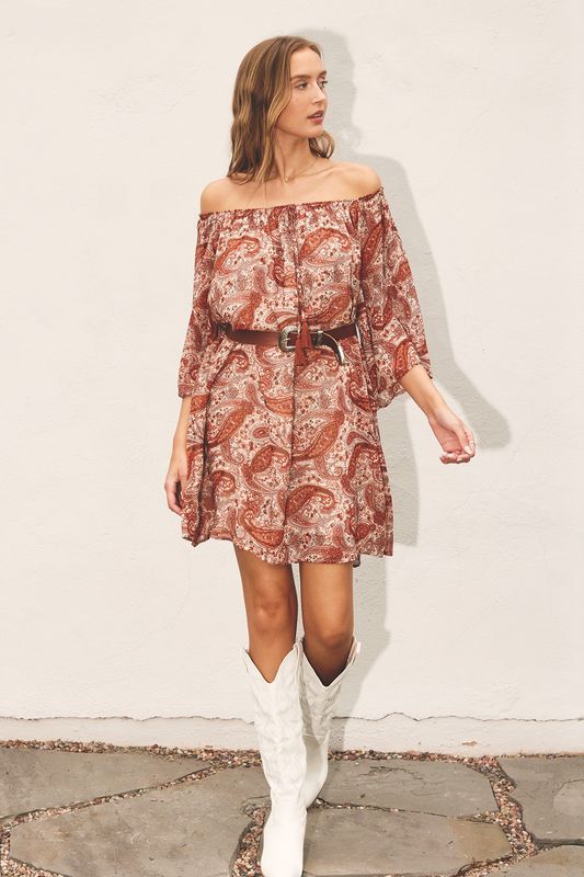 Paisley Off-the-Shoulder Trapeze Dress