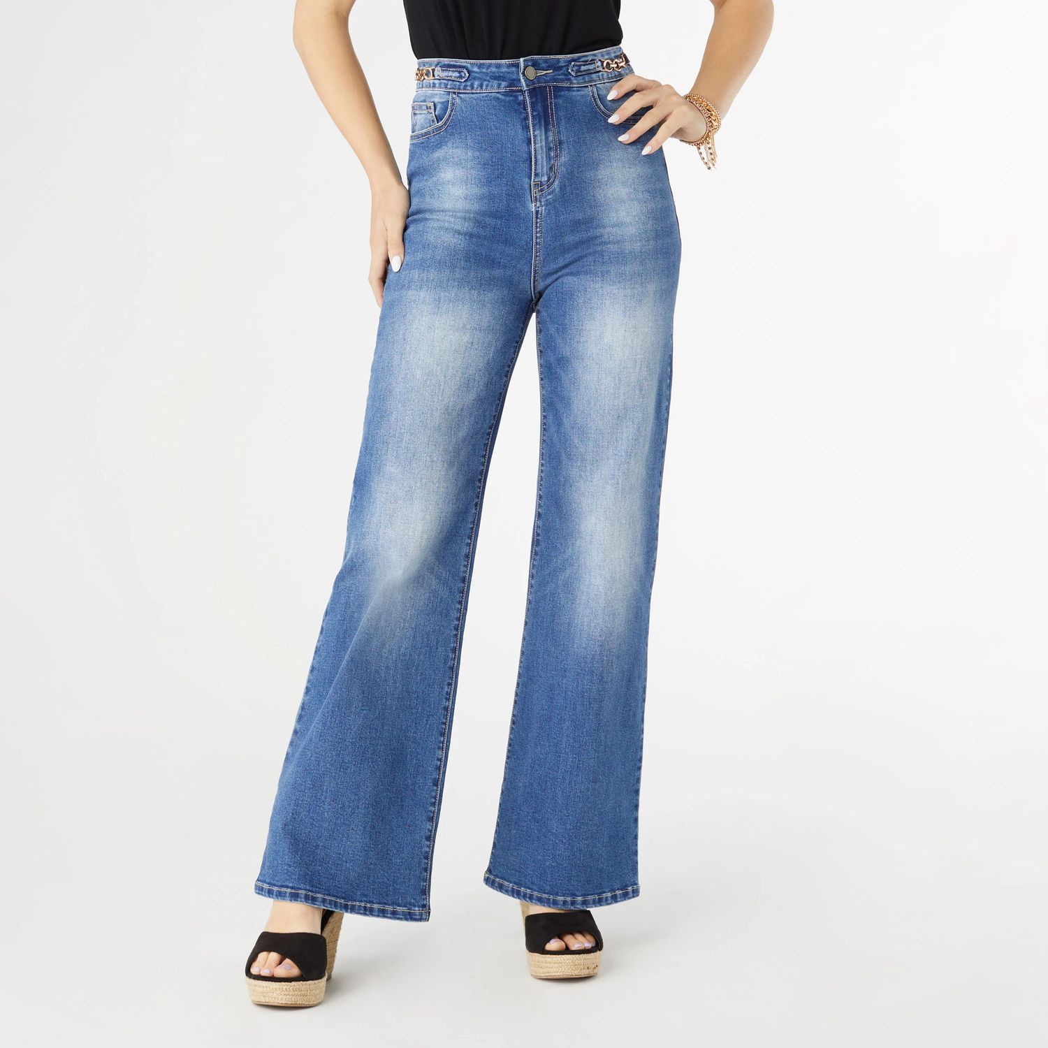 EverStretch High Rise Wide Leg Denim With Chain Detail