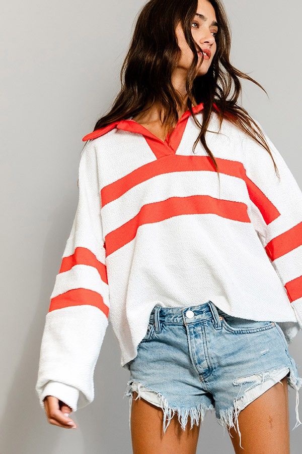 Terry Knit Collared V-Neck Top