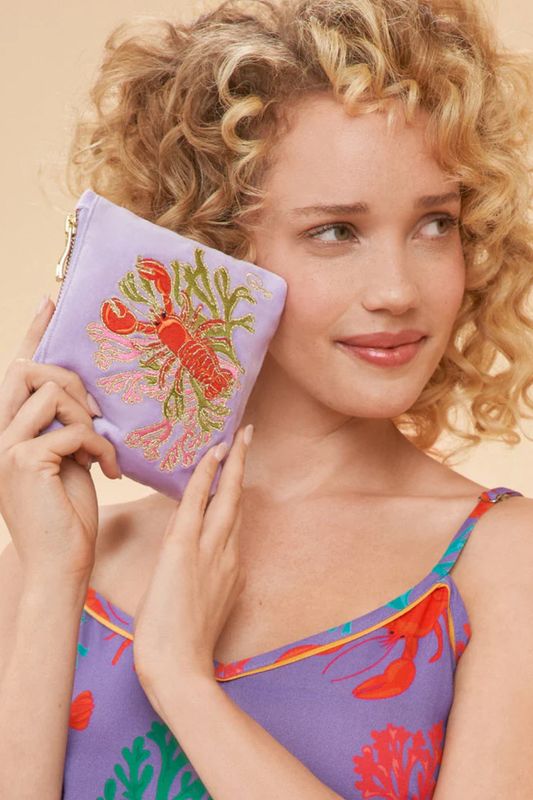 Embroidered Lobster Mini Pouch