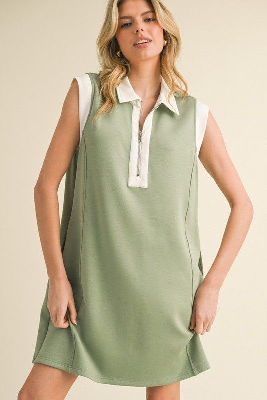 Zipper Collar Dress, Color: Sage, Size: S