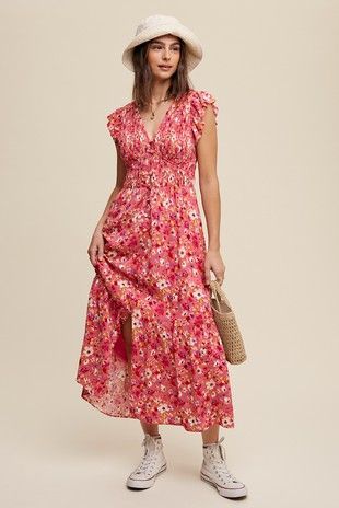 Floral V-Neck Button Front Maxi Dress